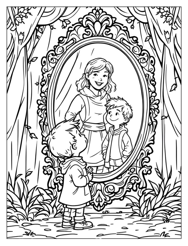 A child standing in front of a magical mirror, seeing an older, confident version of themselves, with an adult smiling proudly behind them.