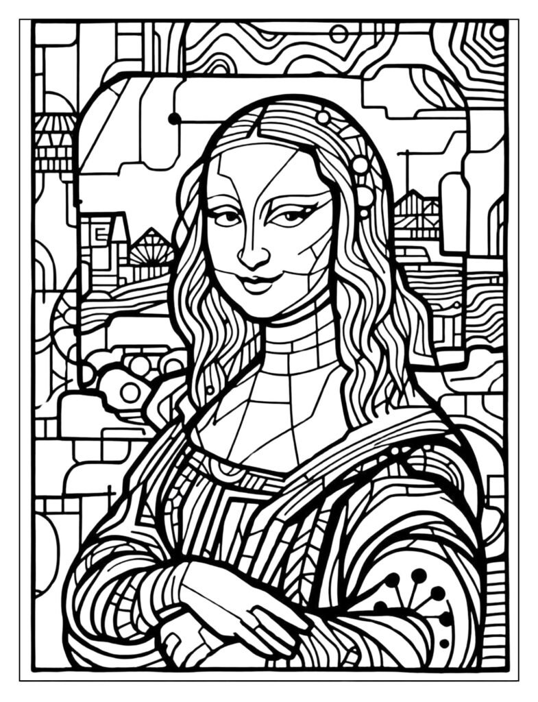An abstract, geometric interpretation of the Mona Lisa's face and features.