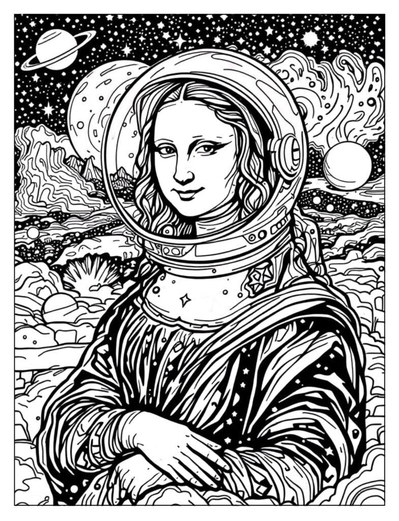 The Mona Lisa floating in space with stars and planets, wearing a subtle astronaut helmet.

