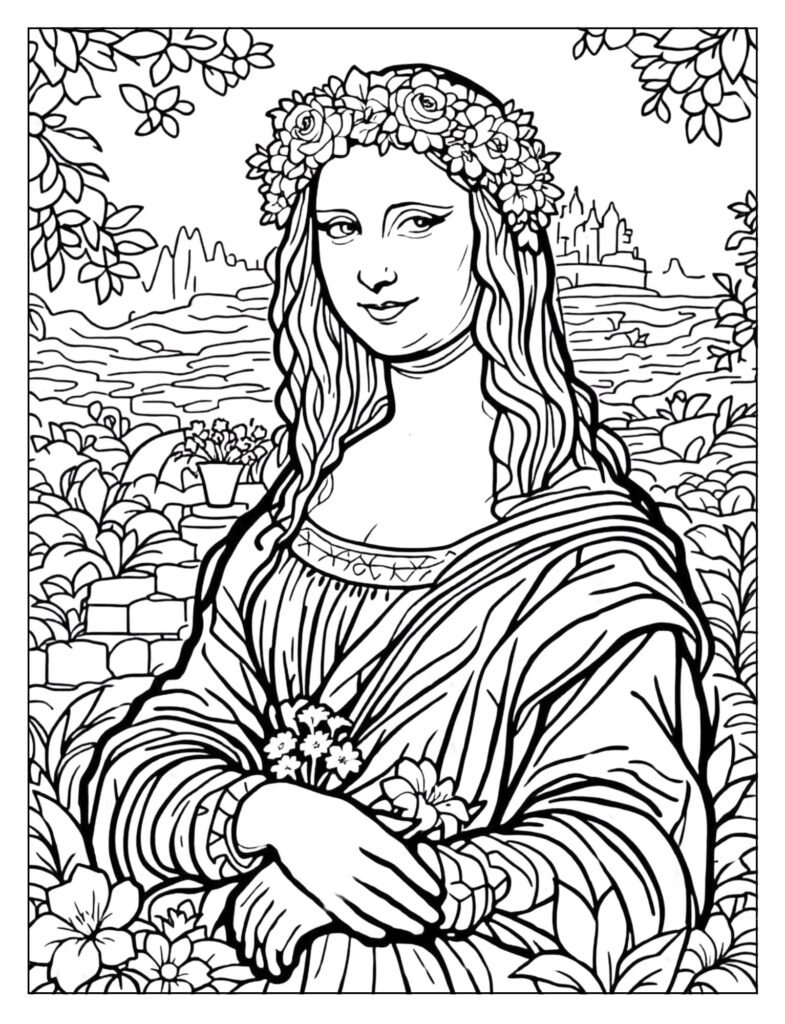 The Mona Lisa with a beautiful wreath of flowers in her hair and a small bouquet.

