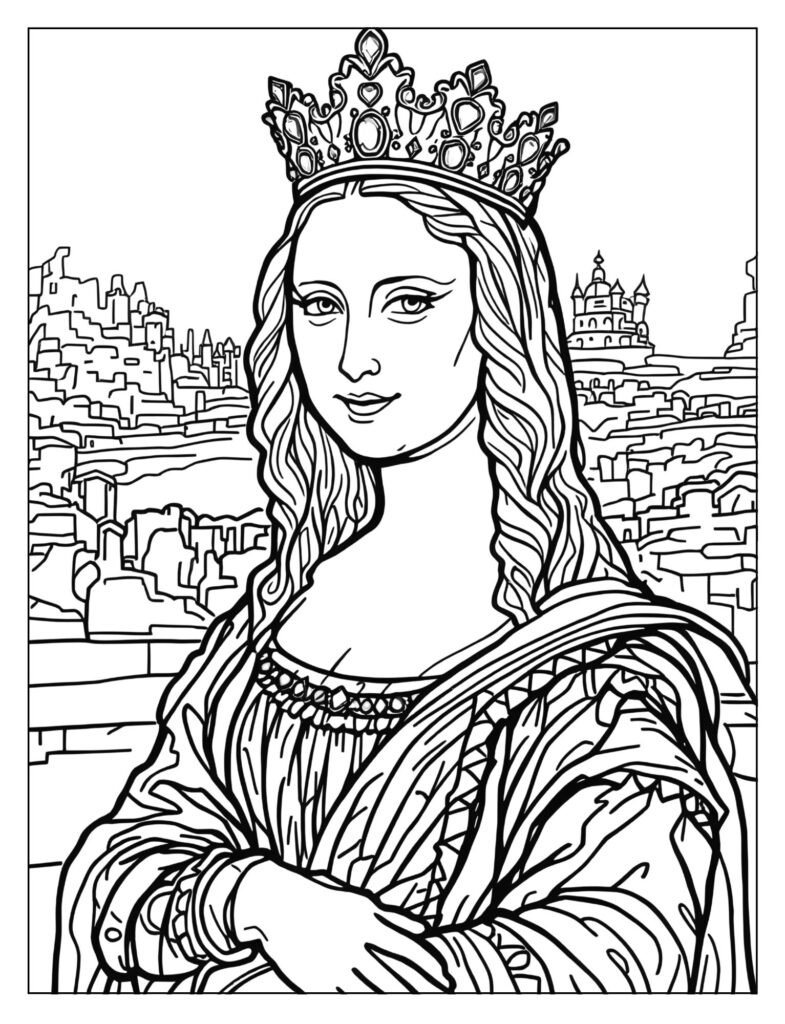 The Mona Lisa wearing an elaborate, jeweled crown and a subtly adorned dress.
