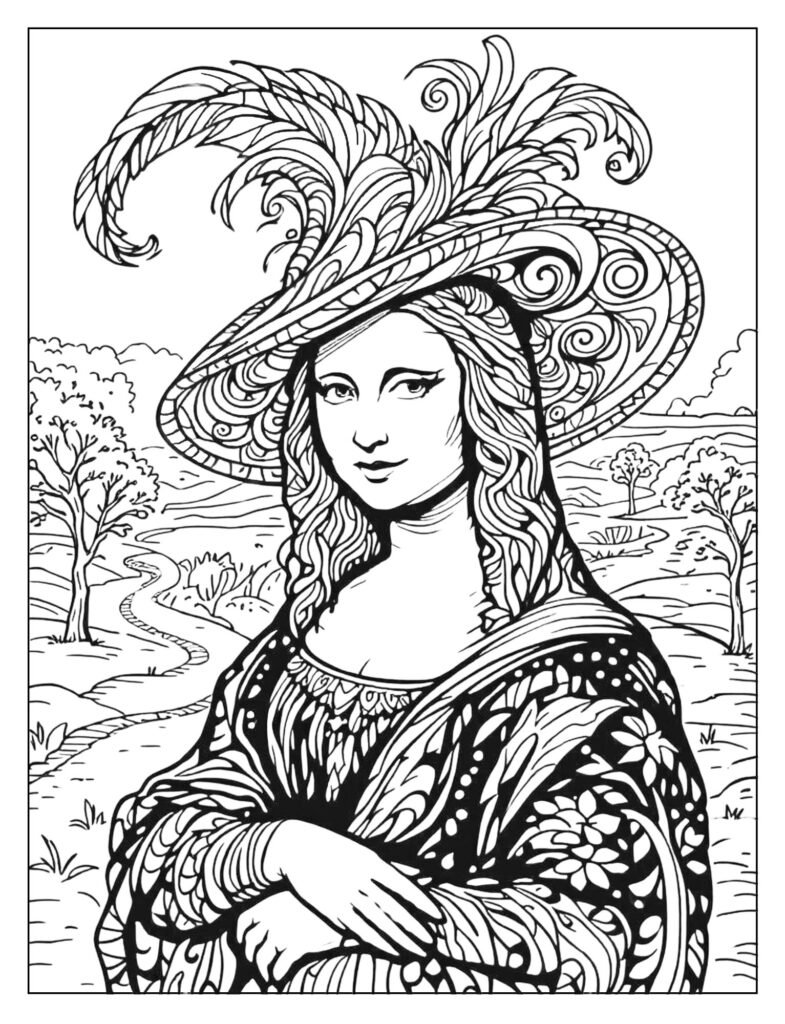 The Mona Lisa wearing a large, feathered hat.