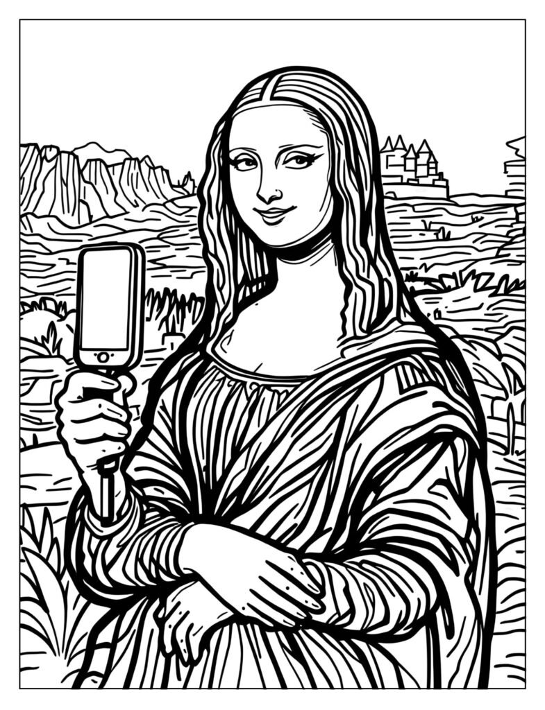  The Mona Lisa humorously holding a selfie stick with a slight smirk.

