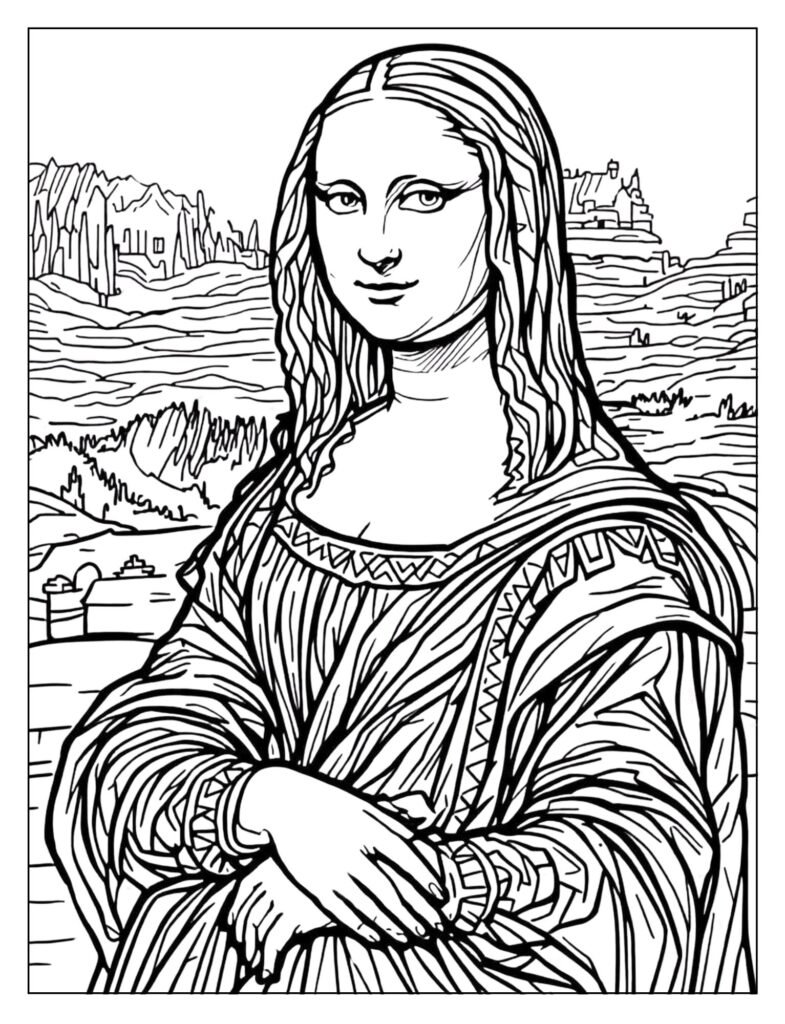 A close-up of Mona Lisa's intricate Renaissance-era dress and folded hands.
