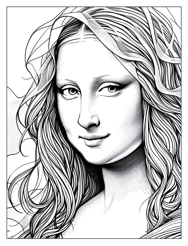 A close-up of Mona Lisa's intricately waved hair and delicate, translucent veil.