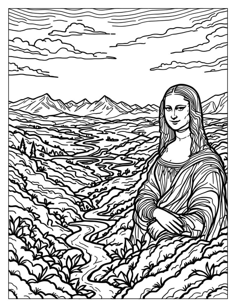 A detailed landscape background from the Mona Lisa, with rivers and distant mountains.

