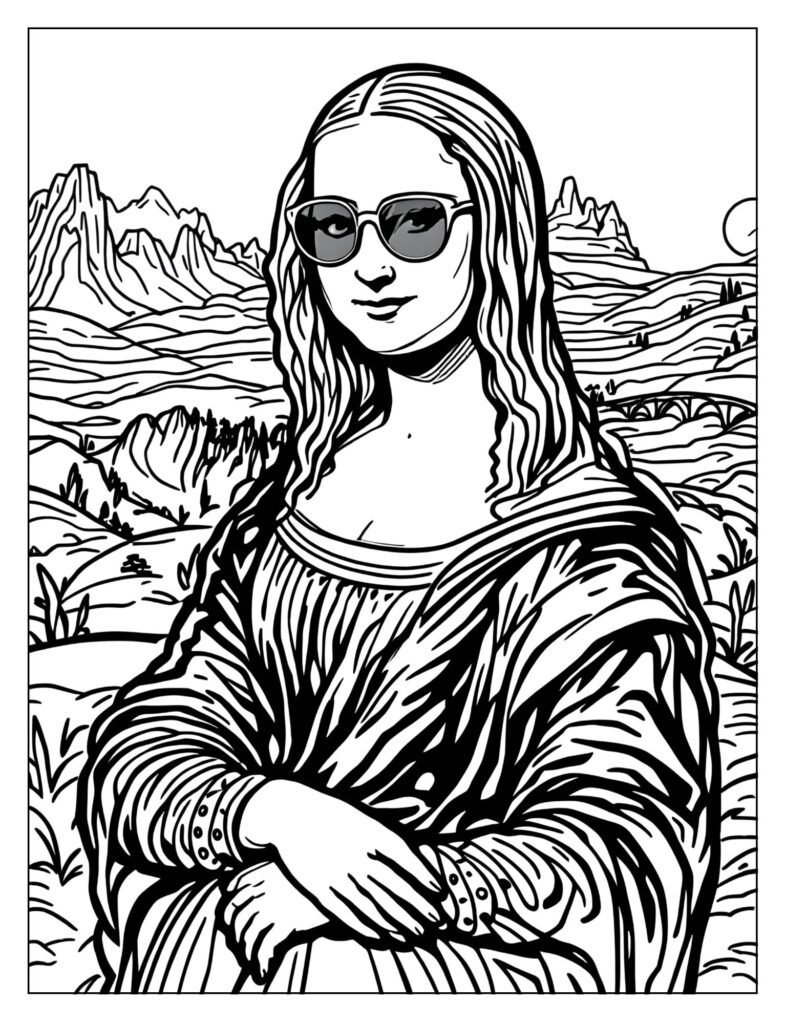 The Mona Lisa wearing a T-shirt and sunglasses, in her iconic pose.