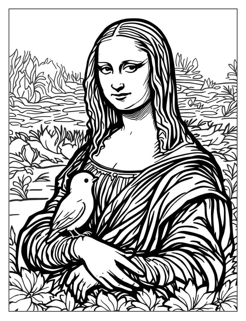 The Mona Lisa holding a small, cute cat in her folded hands.