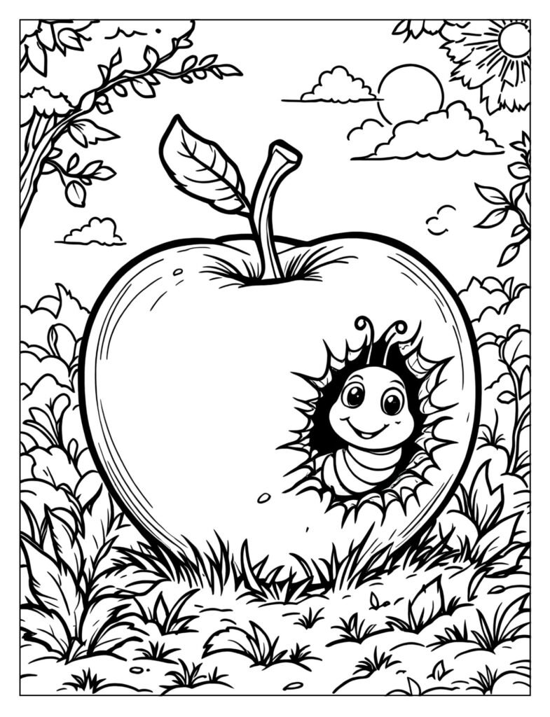 The hungry caterpillar with a bite taken out of a red apple.