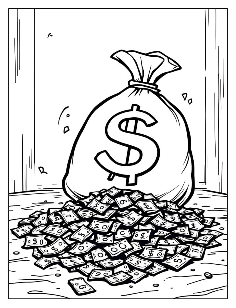 Old-fashioned cloth money bag with a dollar sign, slightly tipped over, with several $1 bills spilling out.