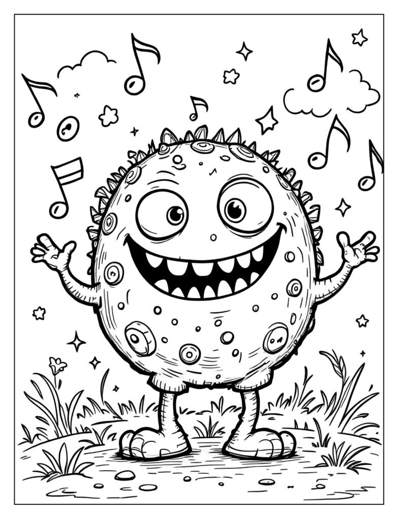 A friendly monster dancing with music notes around it.