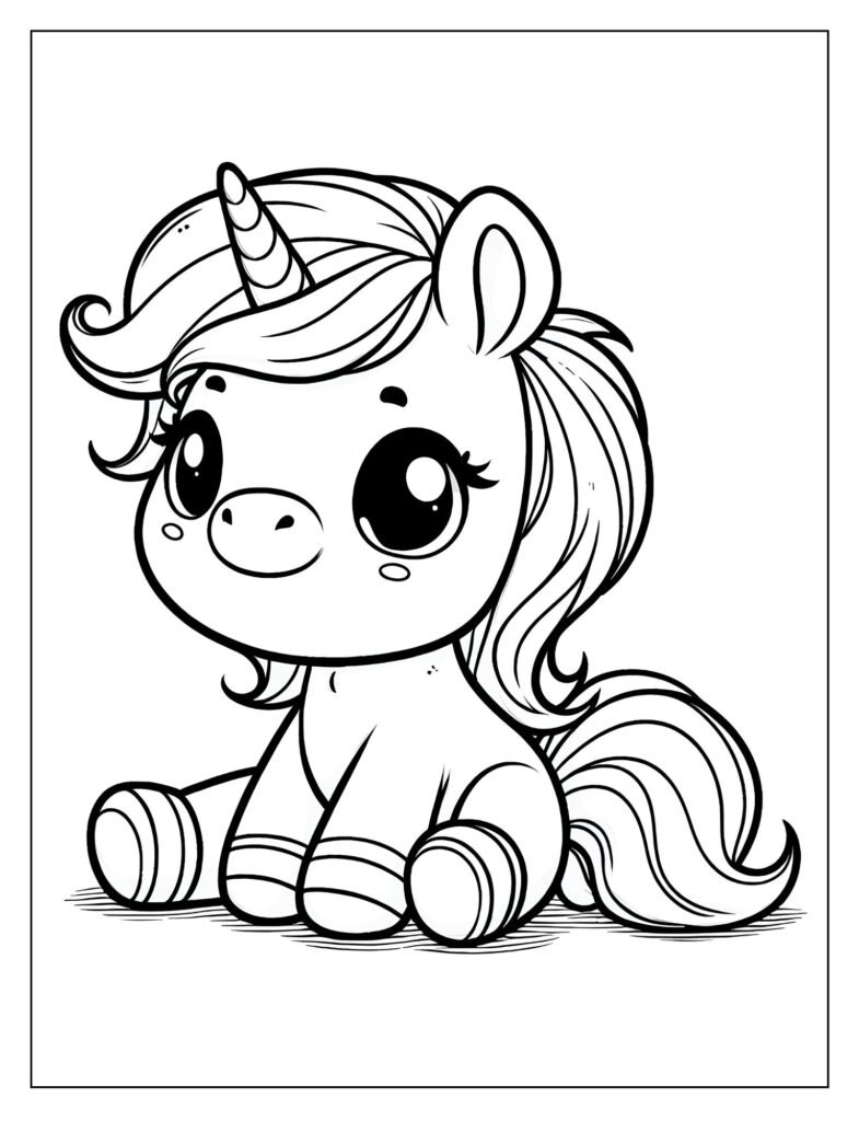 A black and white illustration of a baby unicorn under a crescent moon, with soft glowing lines, ready for coloring.
