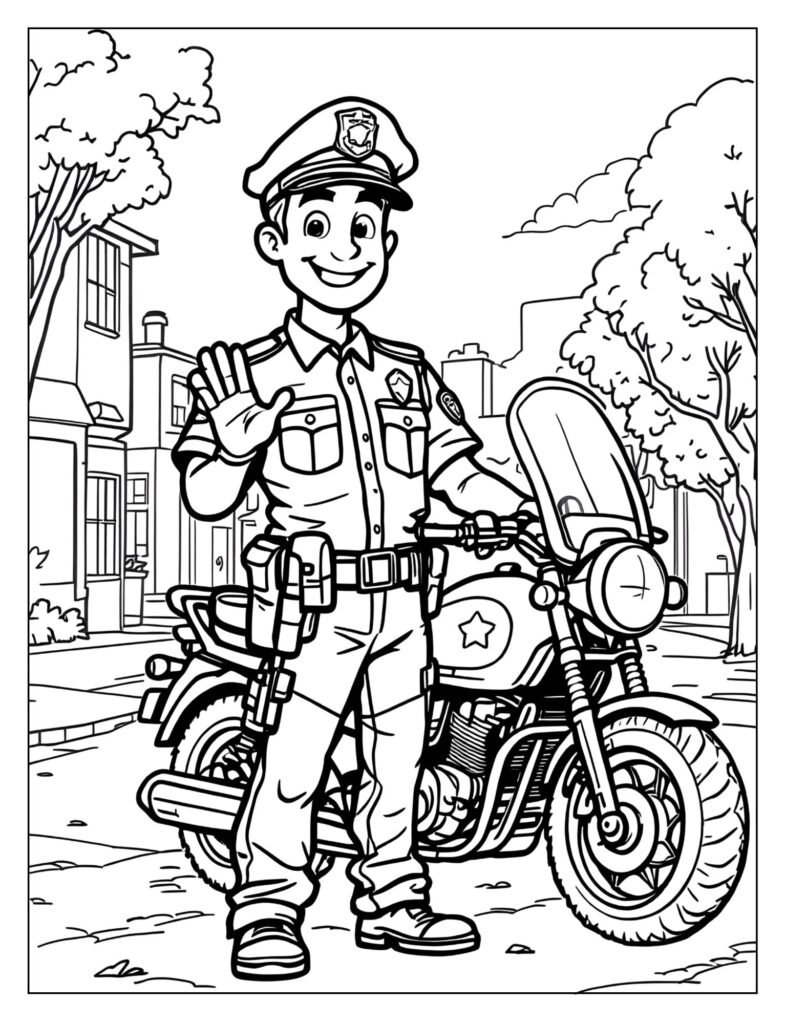 A police officer standing beside their motorcycle, smiling and waving a gloved hand.