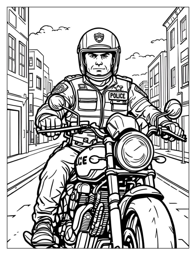 Police officer in a helmet and reflective vest seated firmly on a police motorcycle.