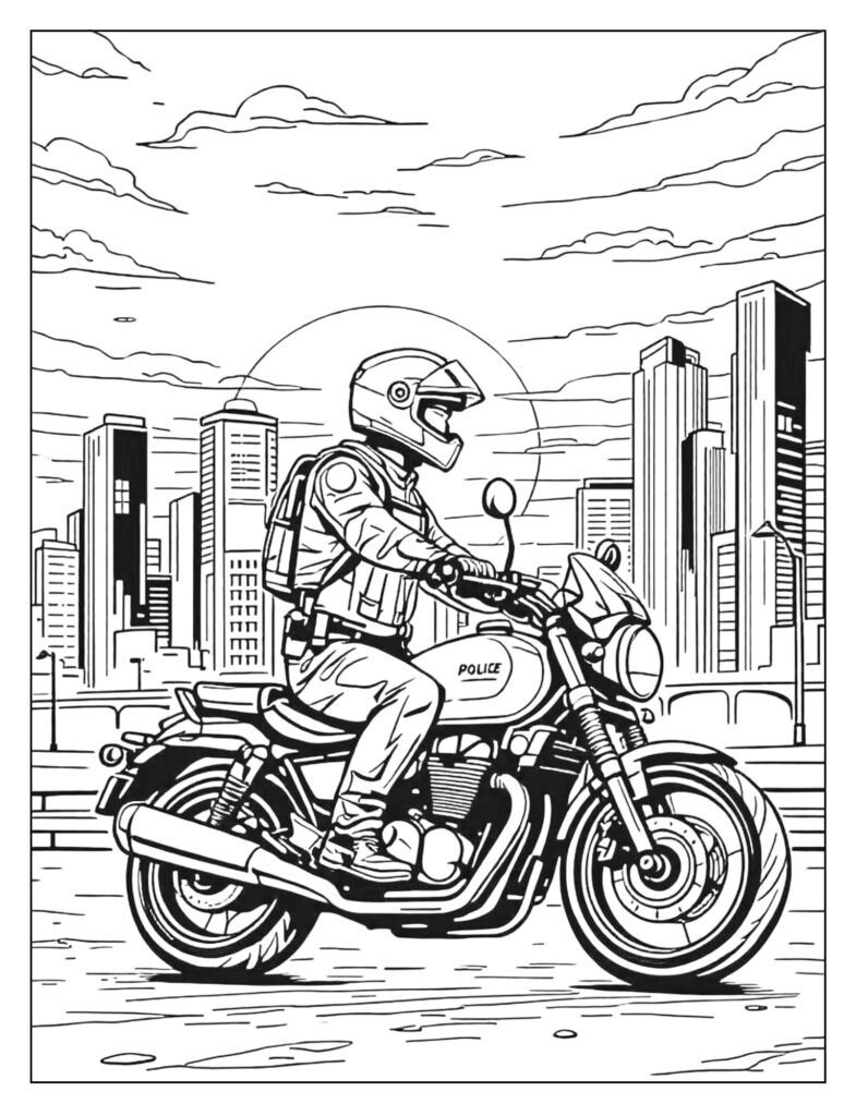 A simple silhouette of a police motorcycle and rider against a city skyline at sunset.