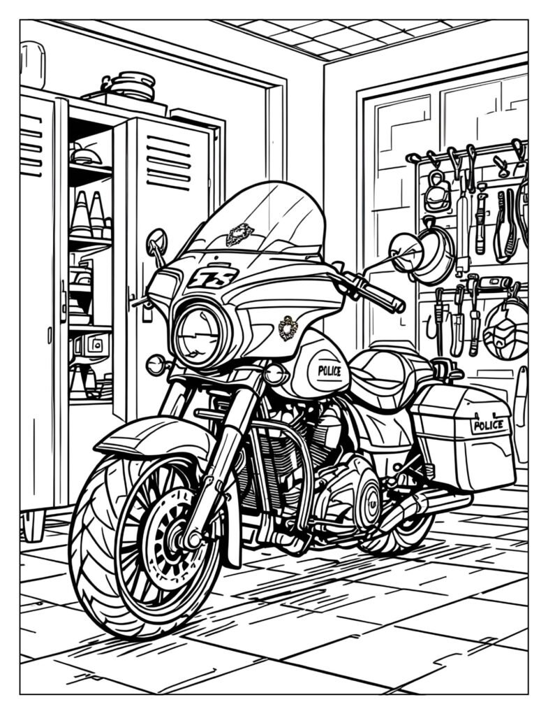 A police motorcycle parked neatly inside the garage area of the police station.