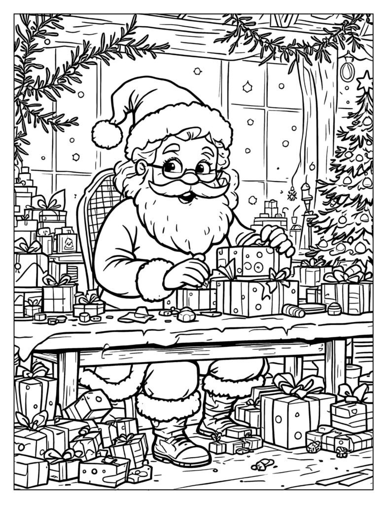 Mrs. Claus sitting at a workbench in Santa's workshop, skillfully wrapping colorful presents with bows and ribbons.