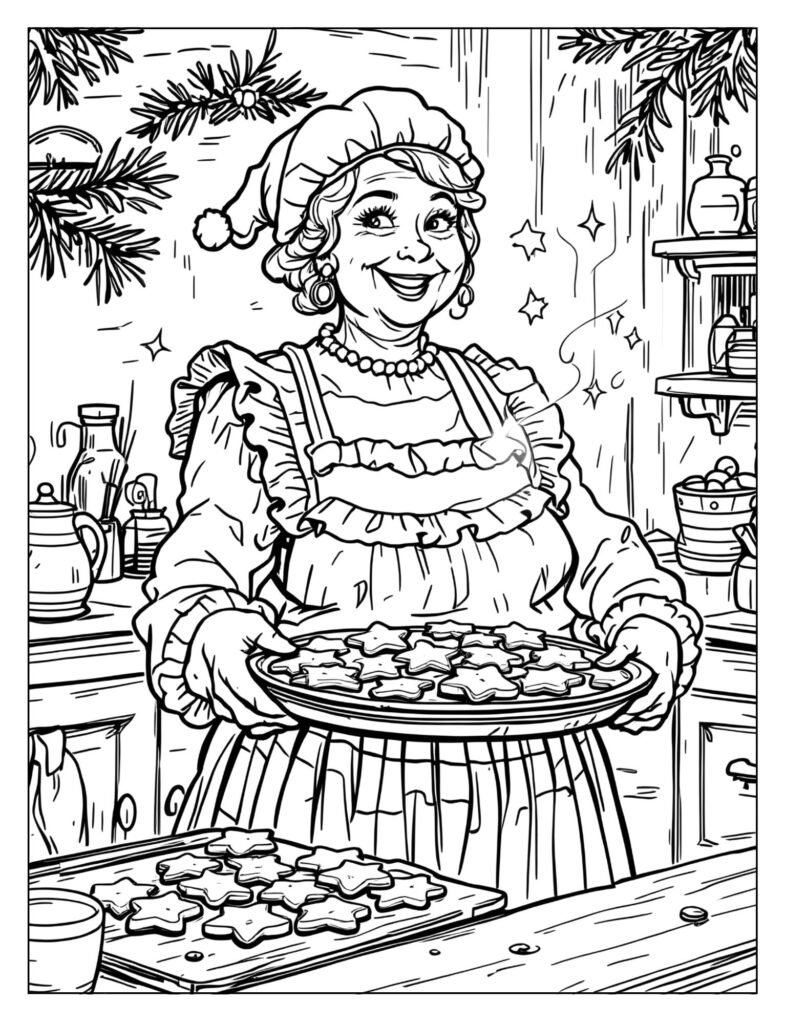 Kind, smiling Mrs. Claus wearing an apron and baking cap, pulling a tray of Christmas cookies out of an oven.