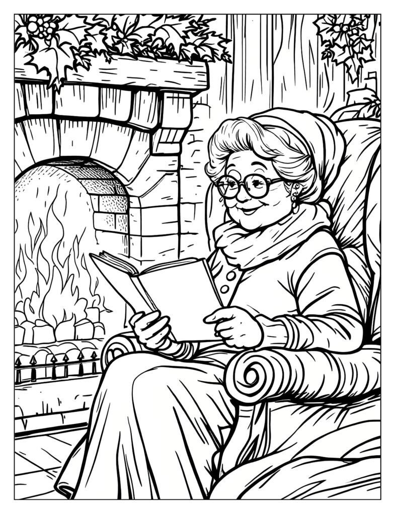 Mrs. Claus sitting in an armchair next to a fireplace, reading a child's letter to Santa with spectacles on.