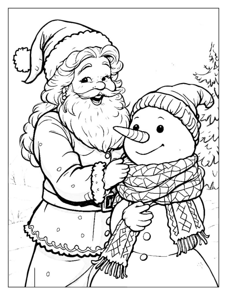 Mrs. Claus standing next to a happy, sturdy snowman she has just finished building, giving it a carrot nose and a scarf.
