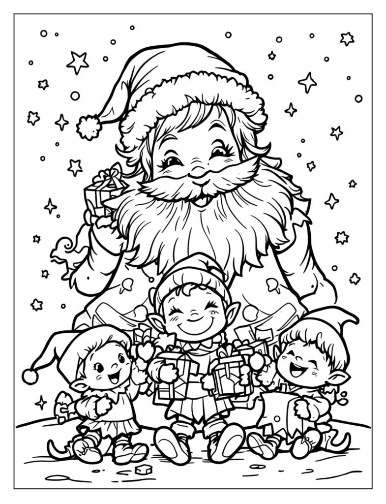 Mrs. Claus smiling warmly while surrounded by three small, cheerful elves holding up finished toys.