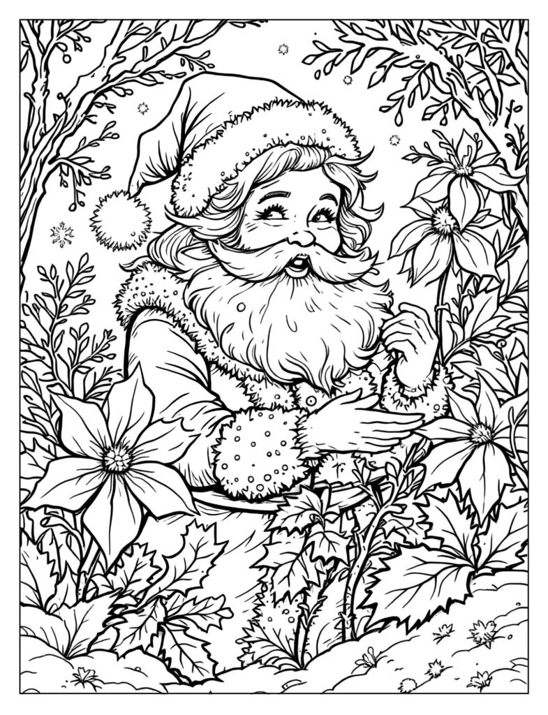 Mrs. Claus standing in a peaceful winter garden, pointing out a bright, snow-covered Christmas Rose bloom.