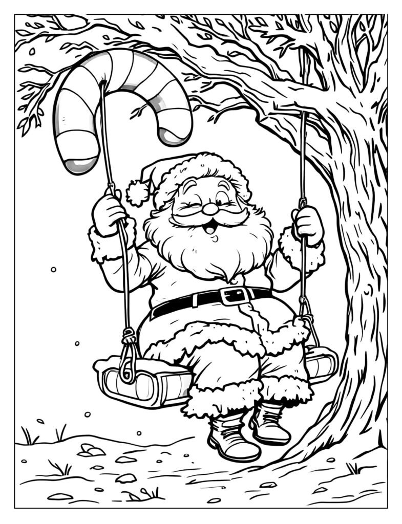 Whimsical, cartoon drawing of Mrs. Claus sitting happily on a giant candy cane swing hanging from a snow-covered tree branch.
