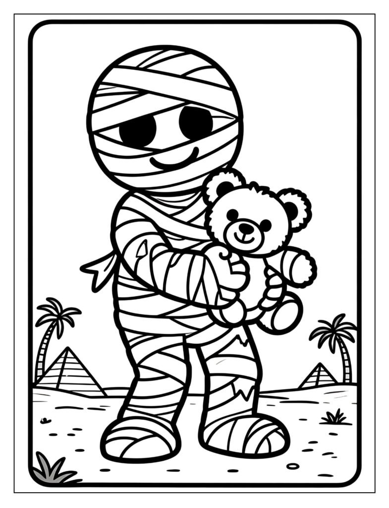  A wrapped mummy holding a teddy bear.