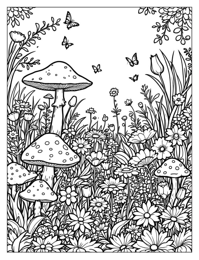 A garden scene with many different types of mushrooms and flowers.