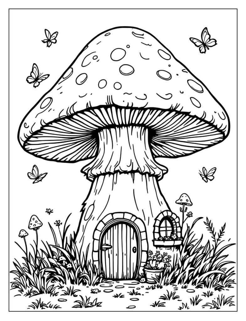 A large mushroom with a door and a window, like a fairy house.