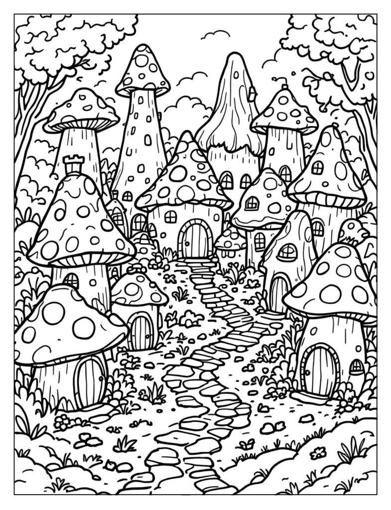 A village of different mushroom houses with paths.

