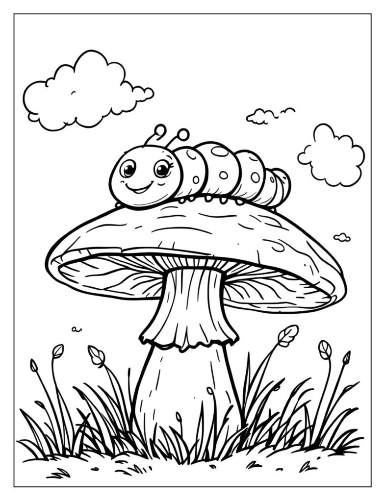 A caterpillar crawling on a mushroom.