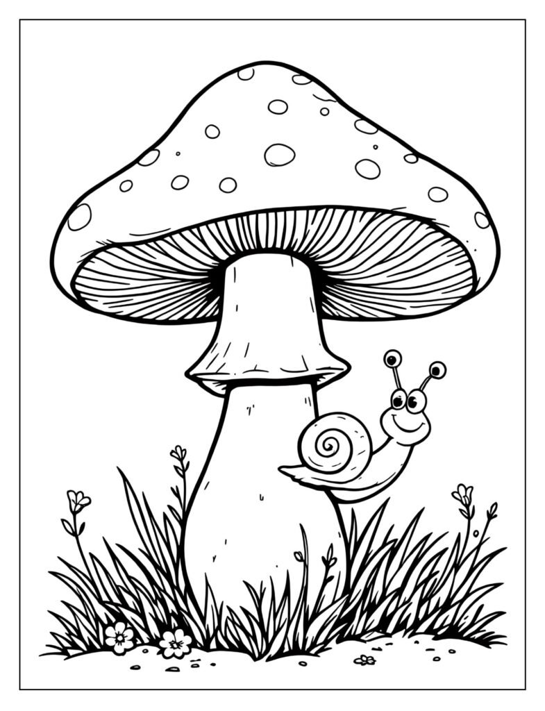 A snail crawling up a mushroom's stem.