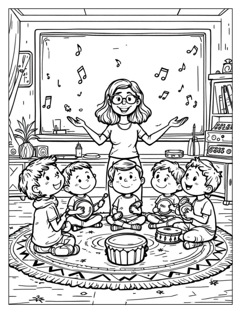 A line art drawing of a music classroom with instruments such as a piano, drums, and musical notes, ready for coloring.