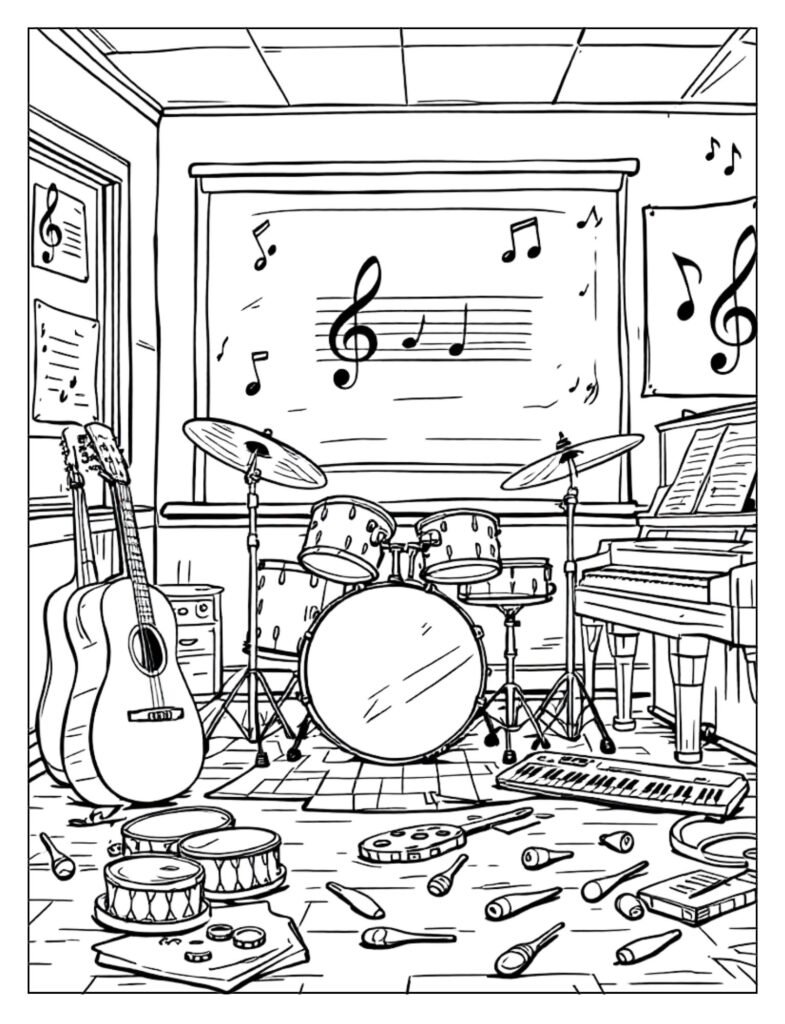 An outline drawing showcasing a collection of musical instruments often found in a school band or orchestra, such as a flute, violin, and trumpet, ready for coloring.