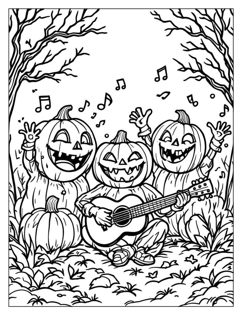 Three jack-o'-lanterns singing, playing a guitar, and dancing.

