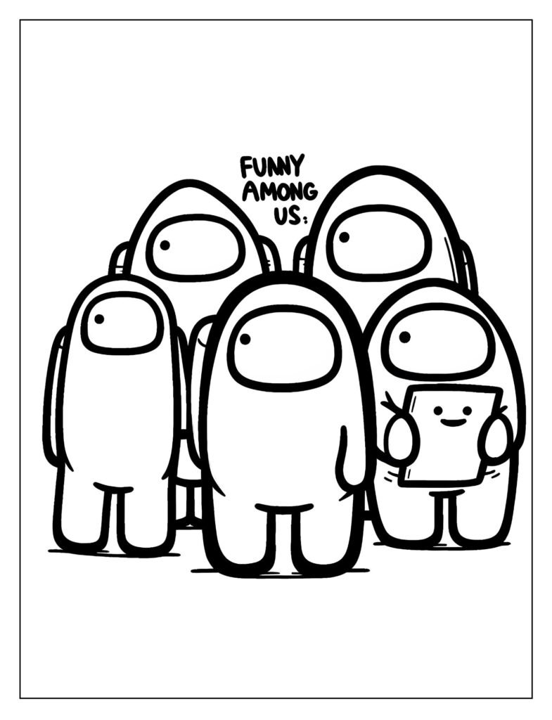 A black and white illustration of a single, adorable Among Us crewmate in a friendly or cute pose, ready for coloring.
