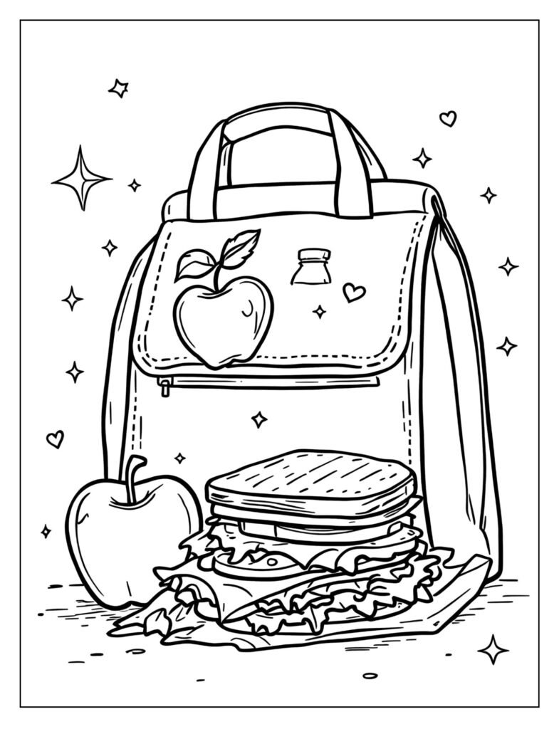 A lunch bag with drawings of healthy foods.