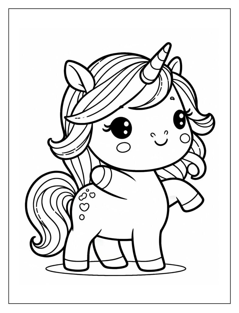 A line art illustration featuring an adorable baby unicorn in a friendly pose, ready to be colored.