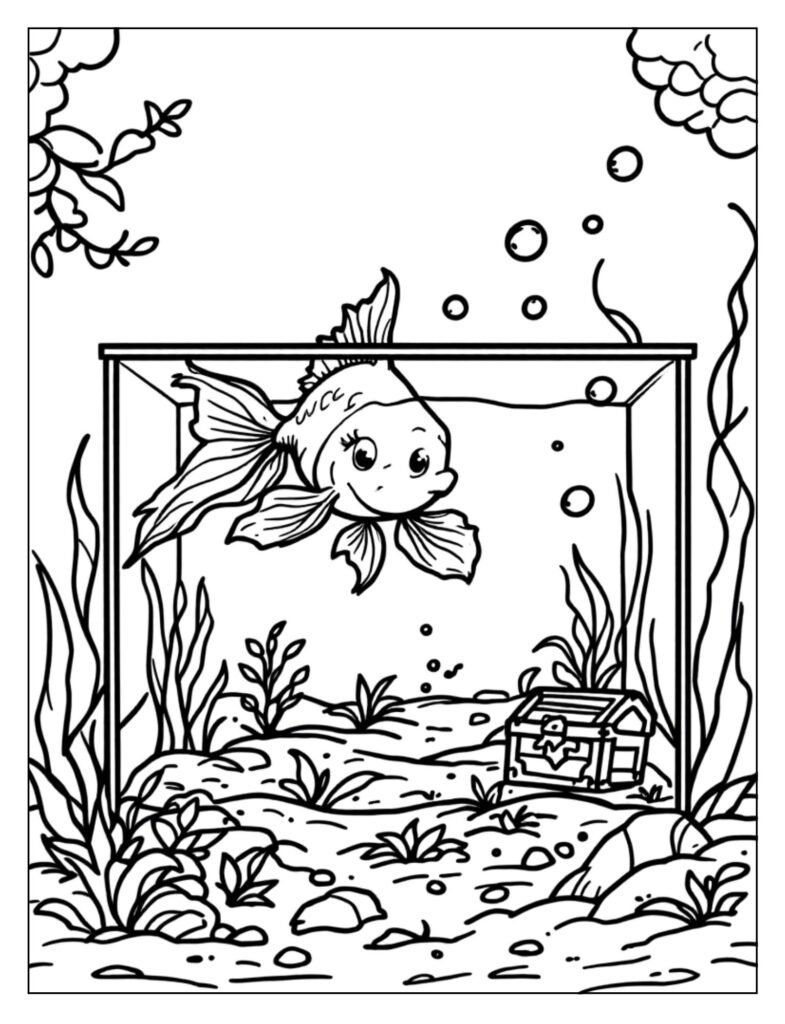 Detailed line art of a school of small Neon Tetra fish swimming in a heavily planted freshwater aquarium.