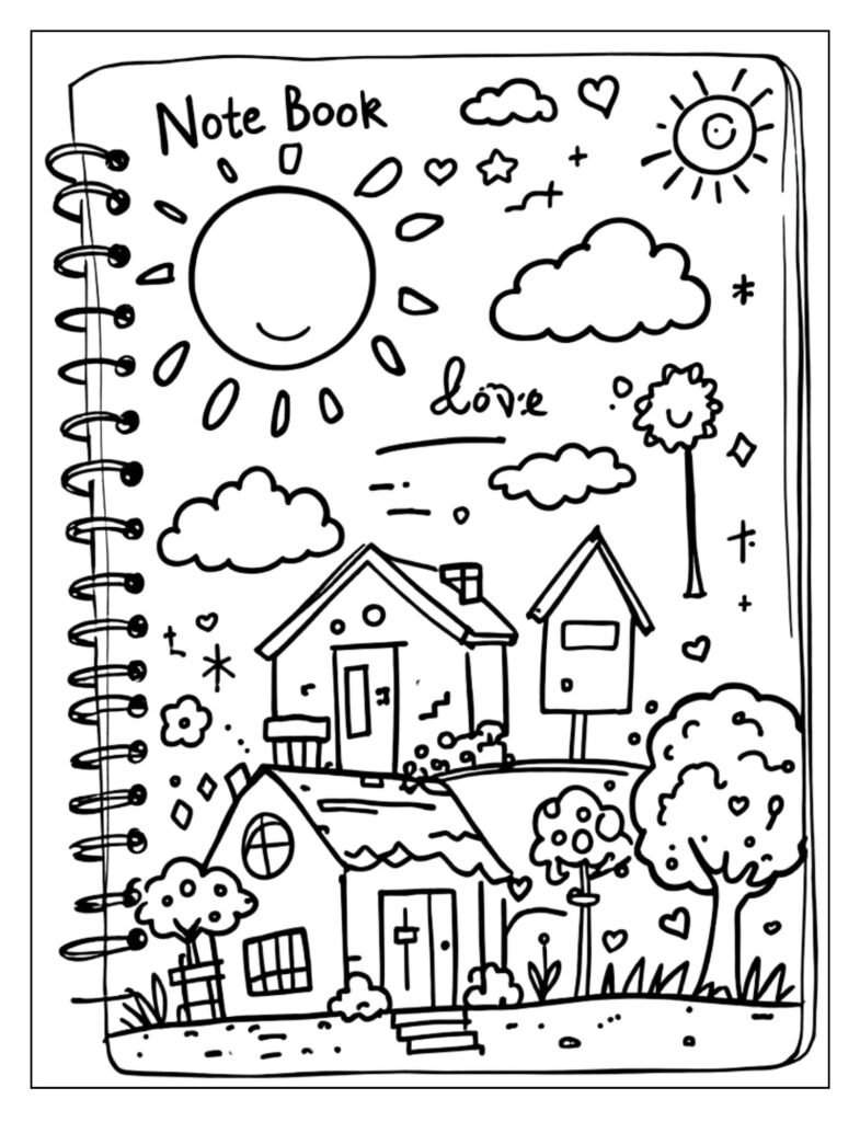 A line art drawing of an open notebook with blank pages, ready for coloring.