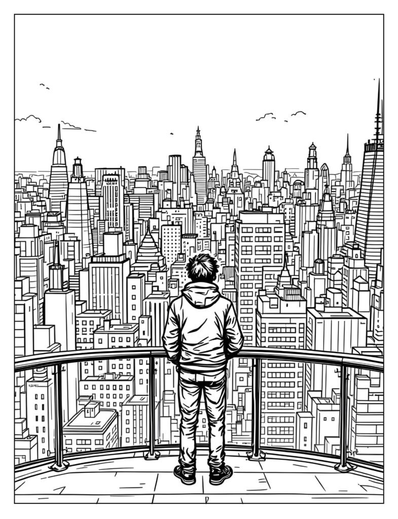 Drawing showing a person standing on the Observation Deck of the Empire State Building, looking out over the simplified city below.