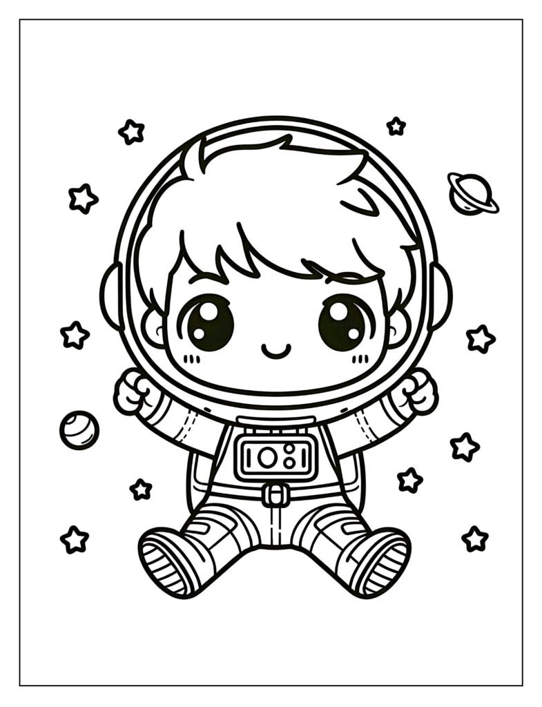 A line art illustration of an astronaut looking through a telescope or observing various planets in the solar system, designed for coloring.