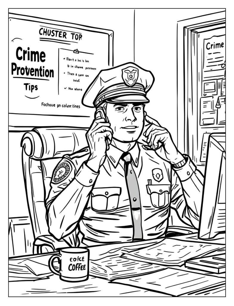 Police officer in uniform sitting at a desk and speaking politely into a telephone or radio.
