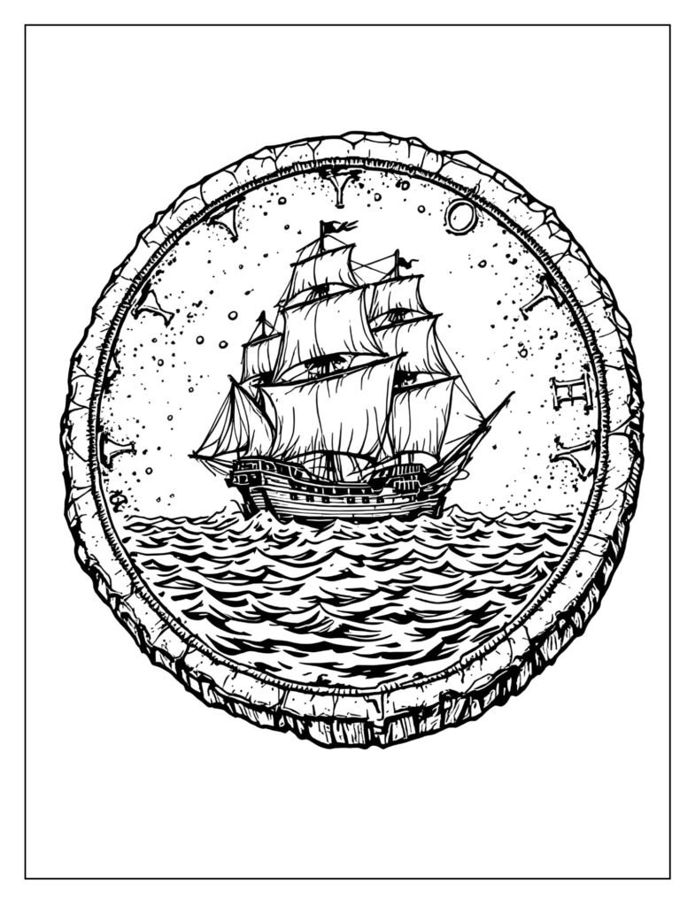 Thick, irregular, ancient-looking pirate doubloon with a skull and crossbones engraved on its surface.