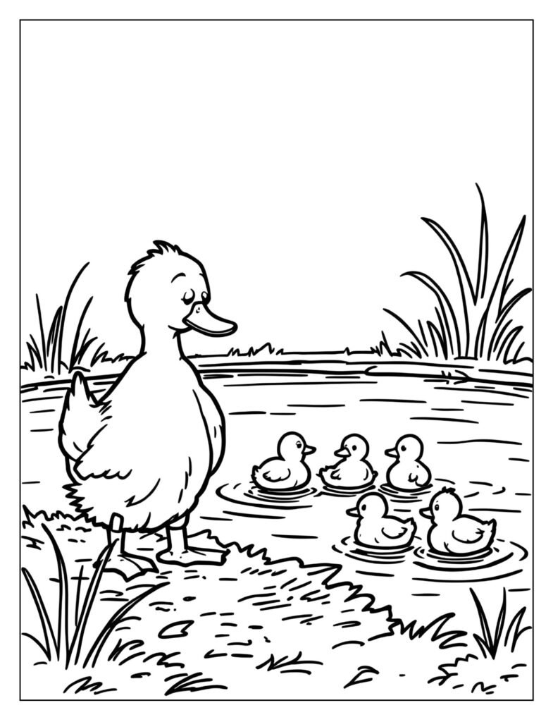 A worried Mother Duck standing alone on the bank with only one little duckling swimming happily back towards her.
