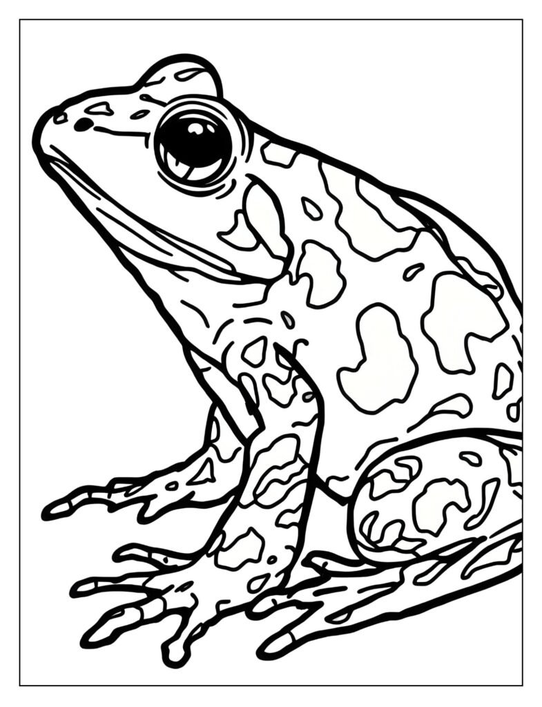 Close-up of a frog with a striking pattern of irregular orange and black blotches covering its entire body.