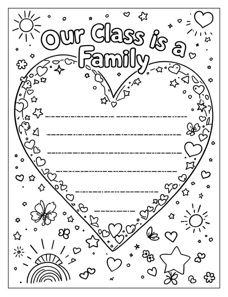 A large heart shape with the words "Our Class is a Family" and names inside.