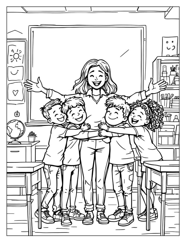 Students giving their teacher a big group hug.