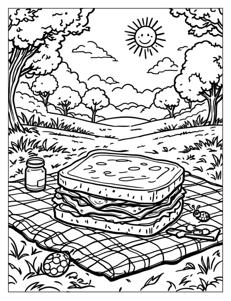 A peanut butter and jelly sandwich sitting on a checkered picnic blanket in a sunny park.